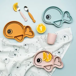 Easy-grip ske- og gaffelsæt - Sea Friends - Mustard